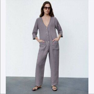 NWT Zara Gray Button Front Linen Lillian Jumpsuit Size S